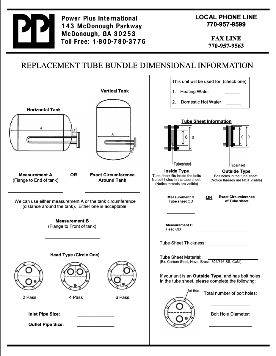 Horizontal & Vertical Tank Heater Dimensional Chart